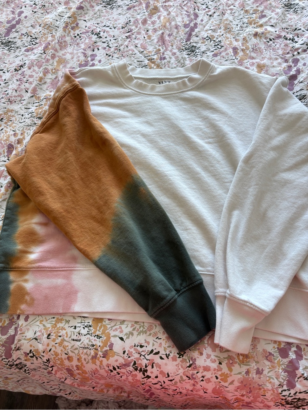 Velvet by Graham & Spencer White Crewneck with Rust, Green & Pink Tie-Dye Sleeve